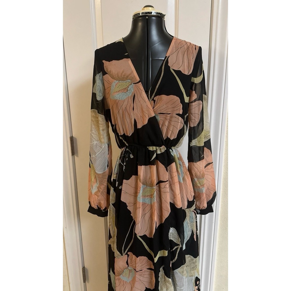 Floral Wrap V-Neck Maxi Dress Black Peach Long Sheer Sleeve Lined lulus XS